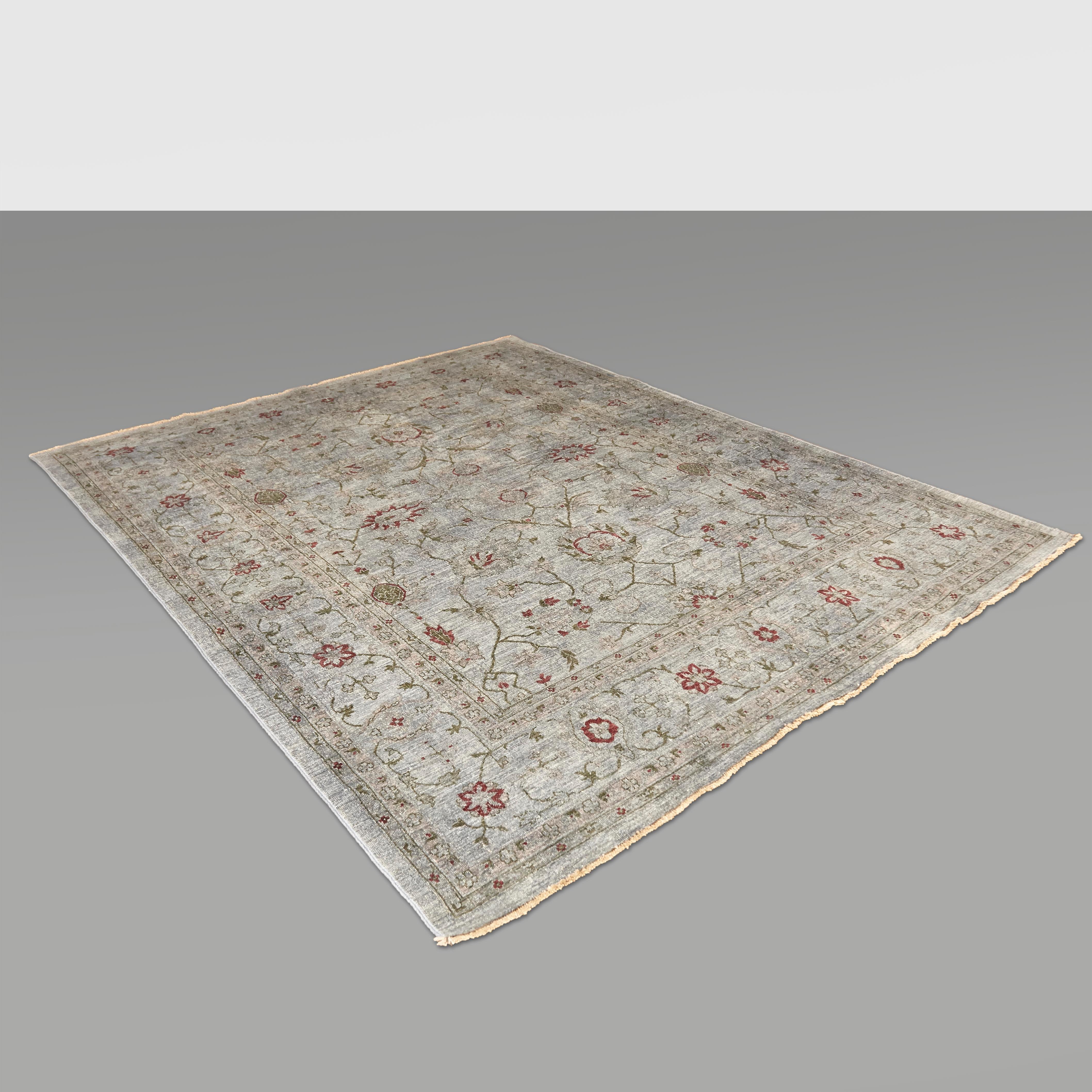 Ziegler Pakistan Large Rug Stone Washed, Wool Hand Knotted Grey Red, circa 2000 13