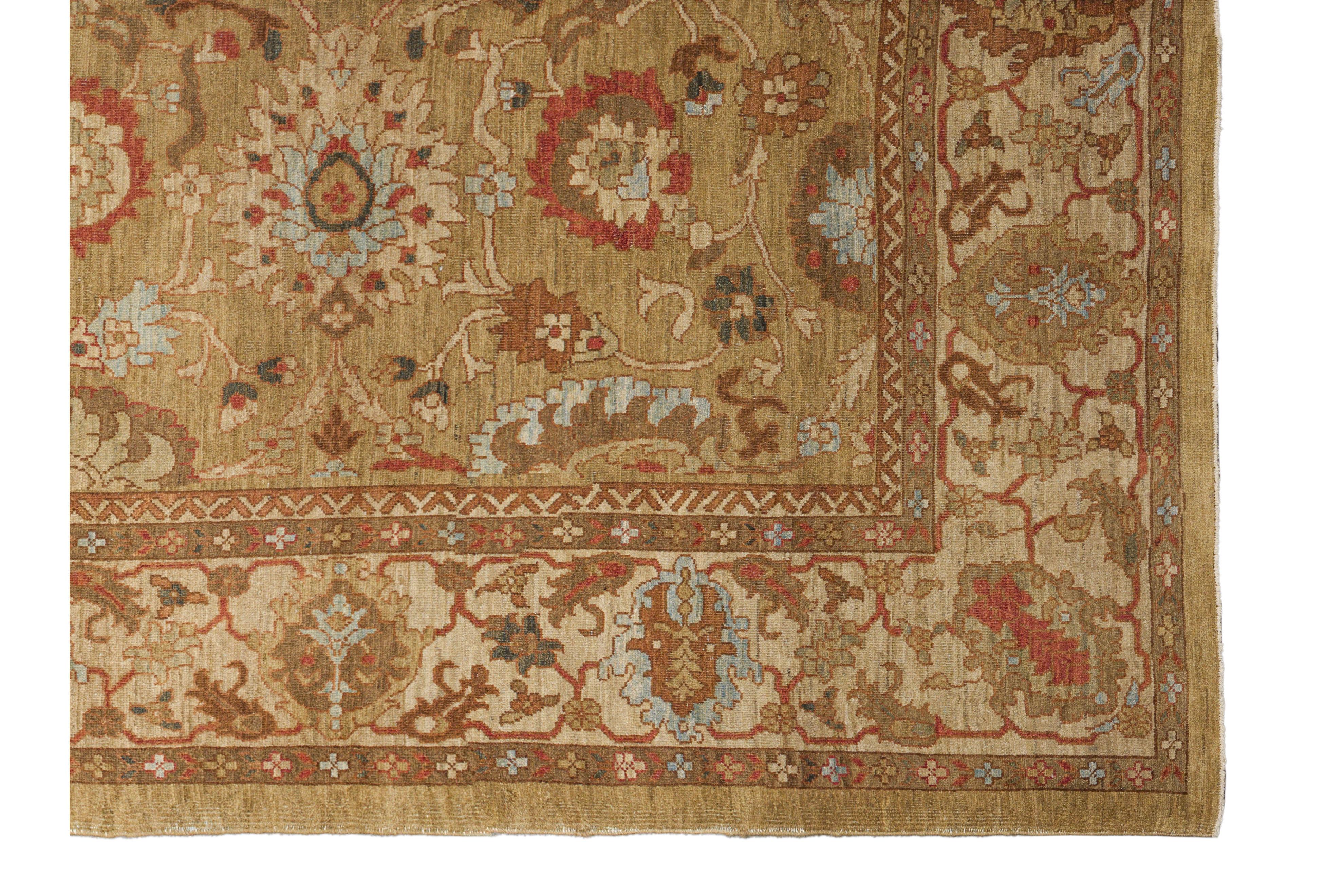 Ziegler-Stil Sultanabad Palmette Allover - Kamel / Rost / Hellblau (Ende des 20. Jahrhunderts) im Angebot