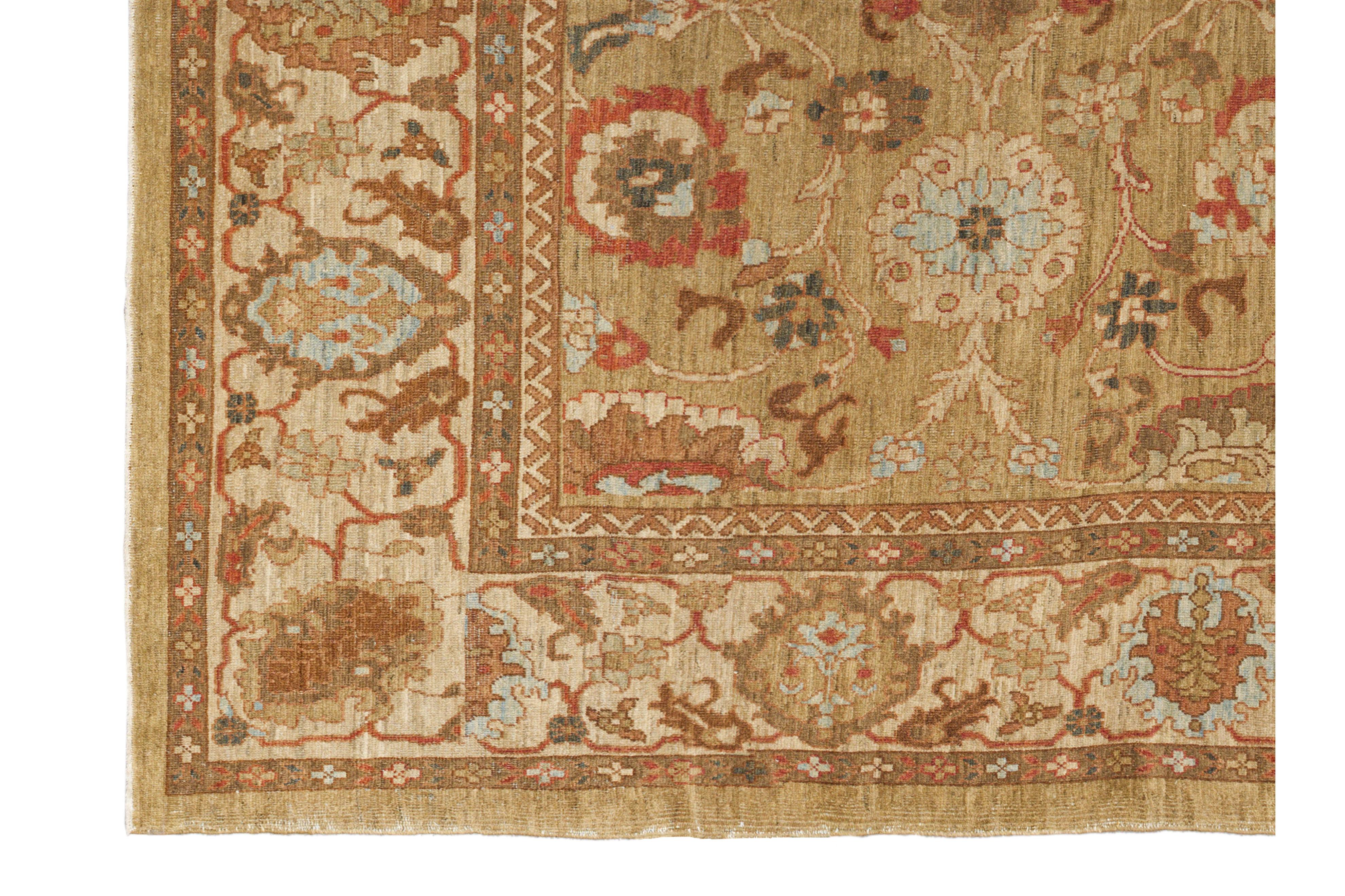 Ziegler-Stil Sultanabad Palmette Allover - Kamel / Rost / Hellblau (Wolle) im Angebot