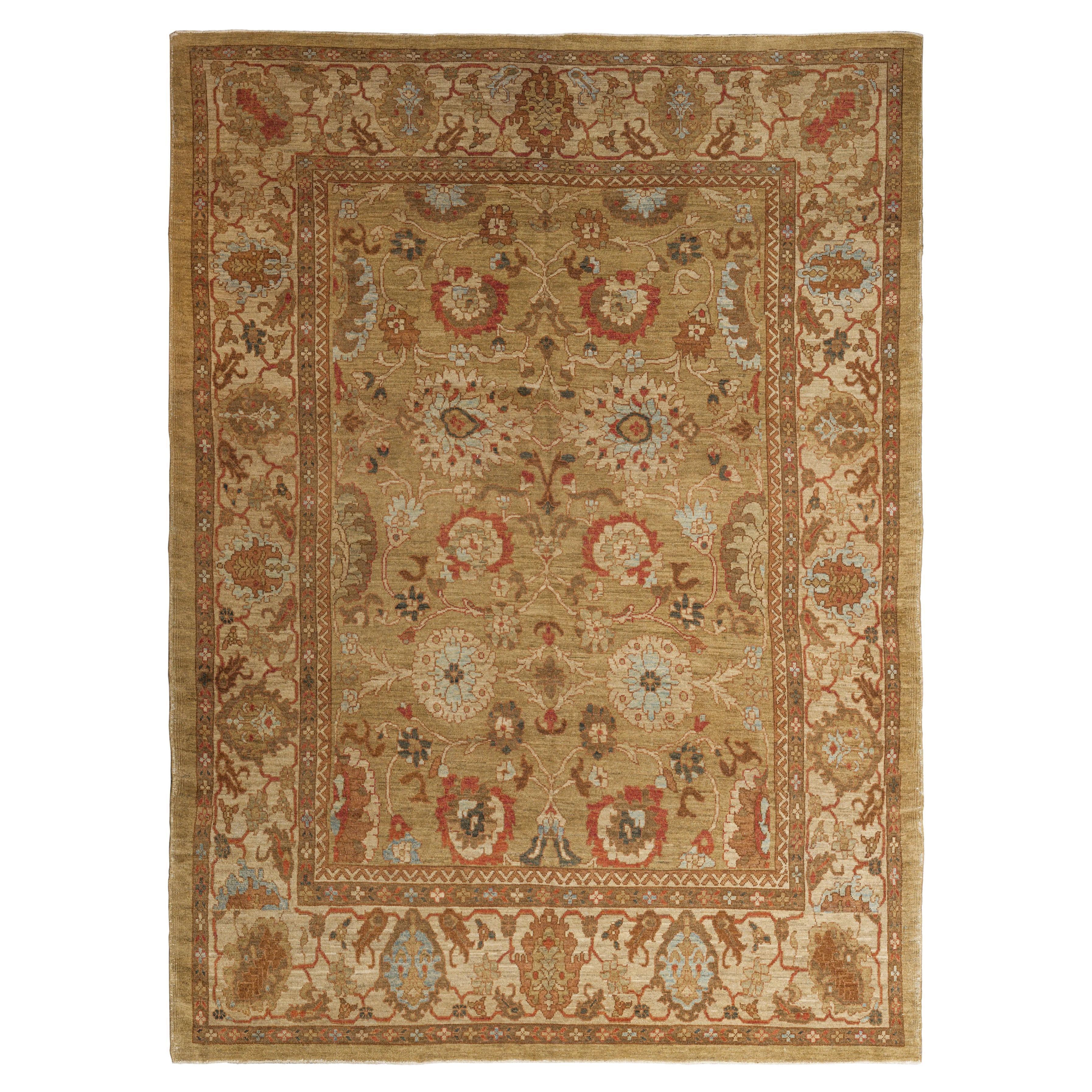 Ziegler-Stil Sultanabad Palmette Allover - Kamel / Rost / Hellblau im Angebot