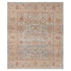 Ziegler Sultanabad Rug in light Blue with Gold border, Hand-Knotted in Persia