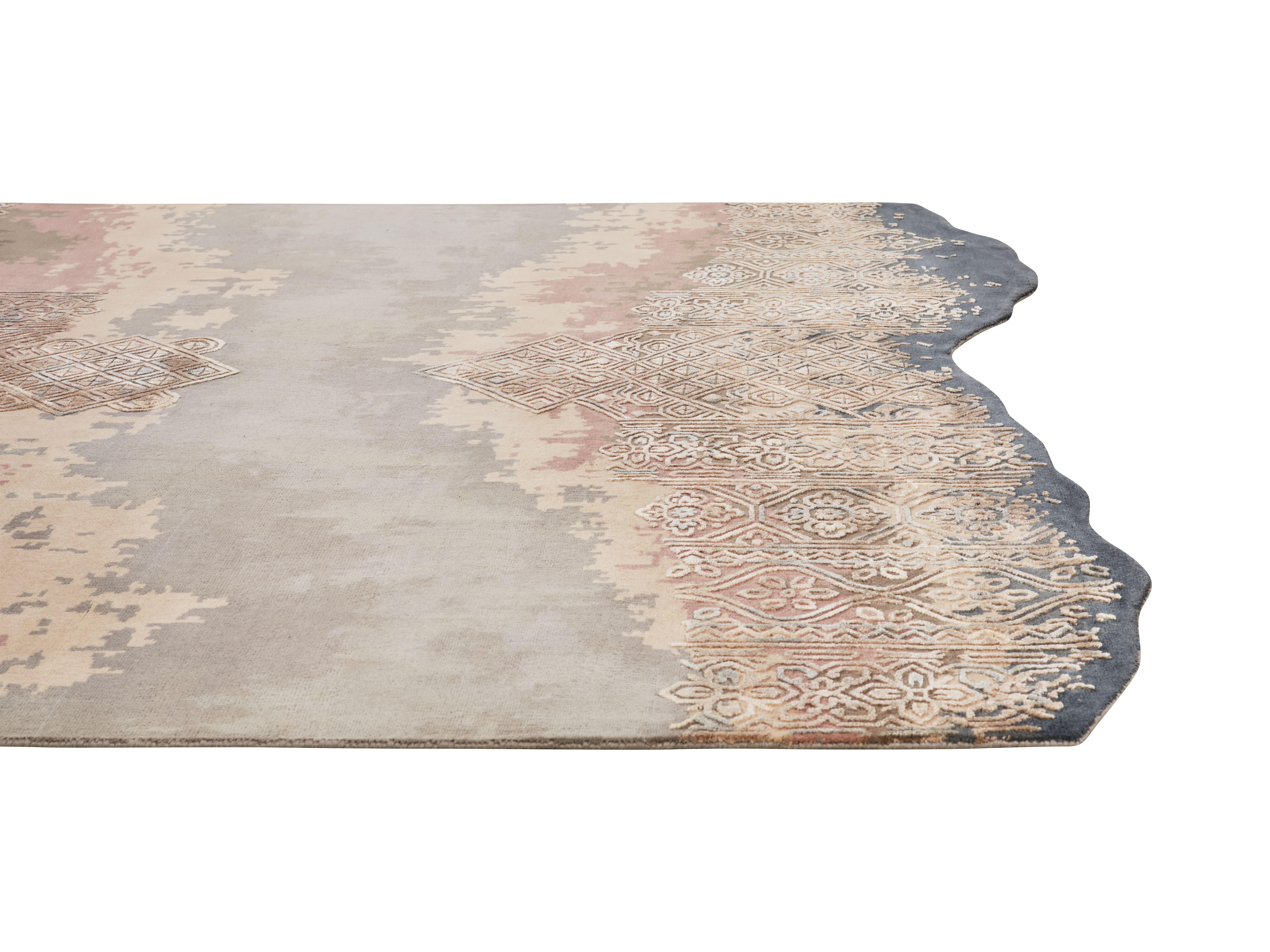 Indian ZIELLE Hand Knotted Transitional Shaped Pastel Colour Rug with Motifs by Hands For Sale
