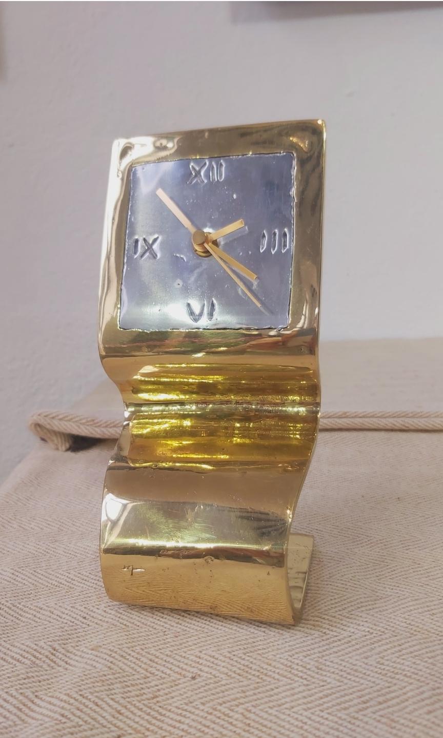 Contemporary Zig Zag Clock Cast Aluminium and Brass  Brutalist Style by David Marshall For Sale