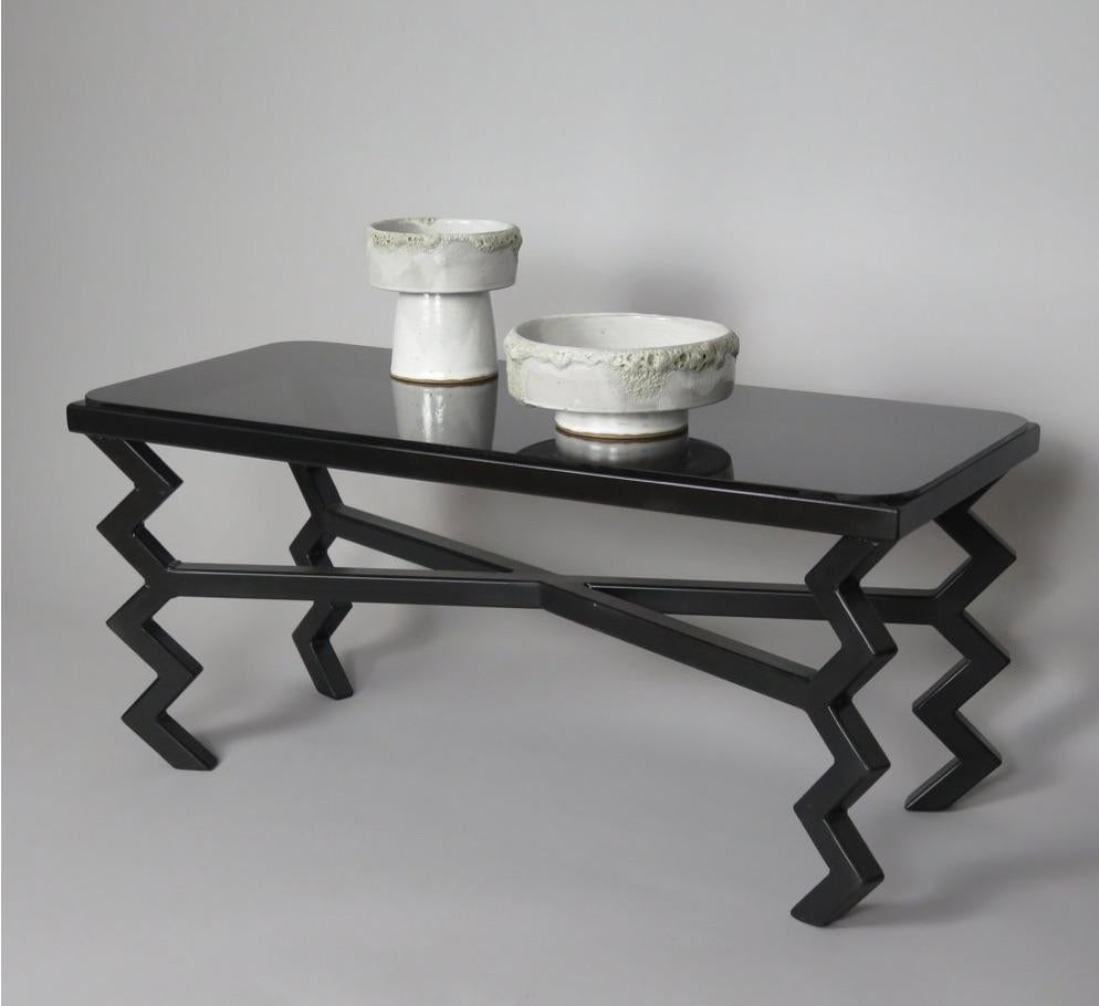 Welded 'Zig-Zag' Coffee Table with Black Glass Top For Sale