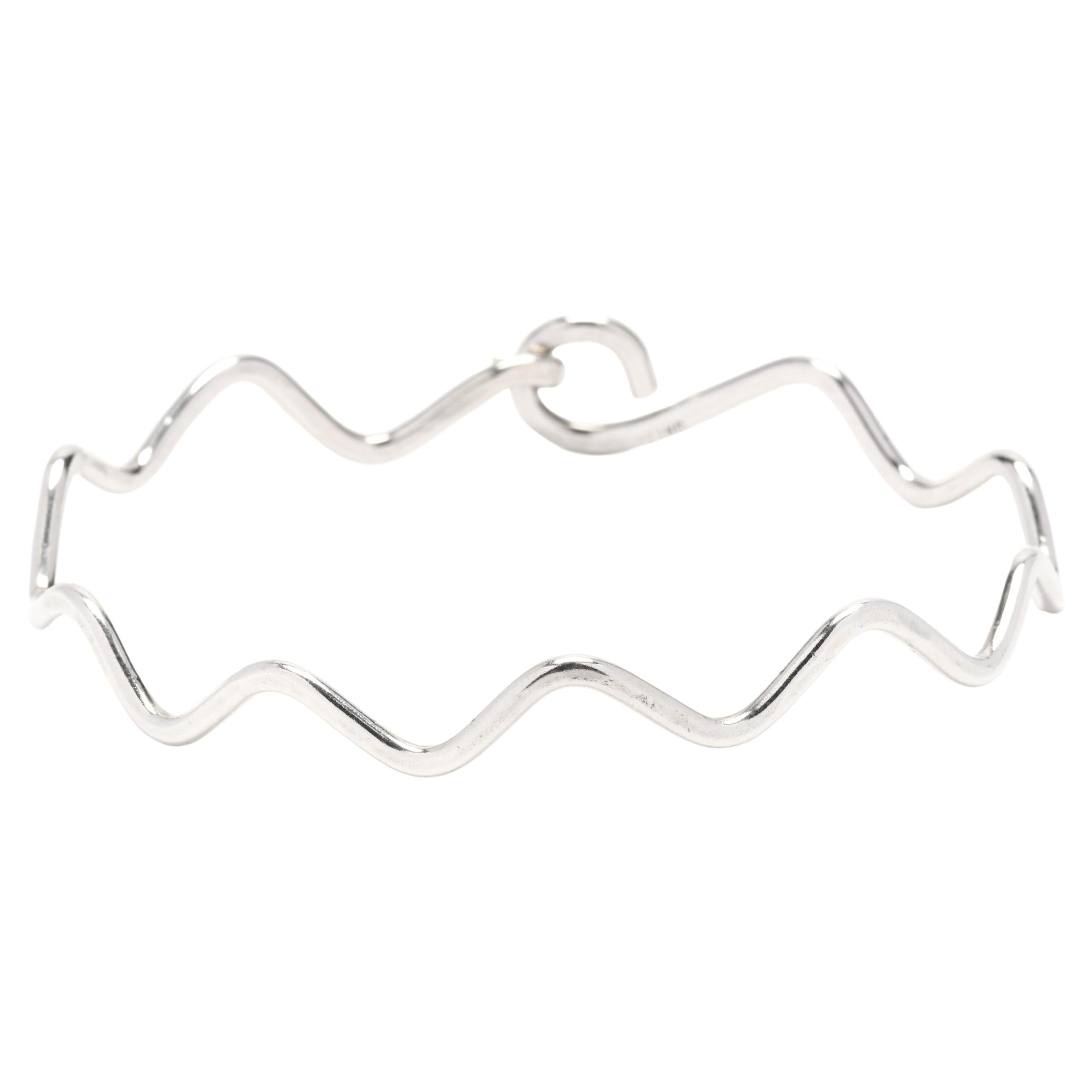 Zig-Zag Design Bangle Bracelet, Sterling Silver, Hook And Eye Clasp