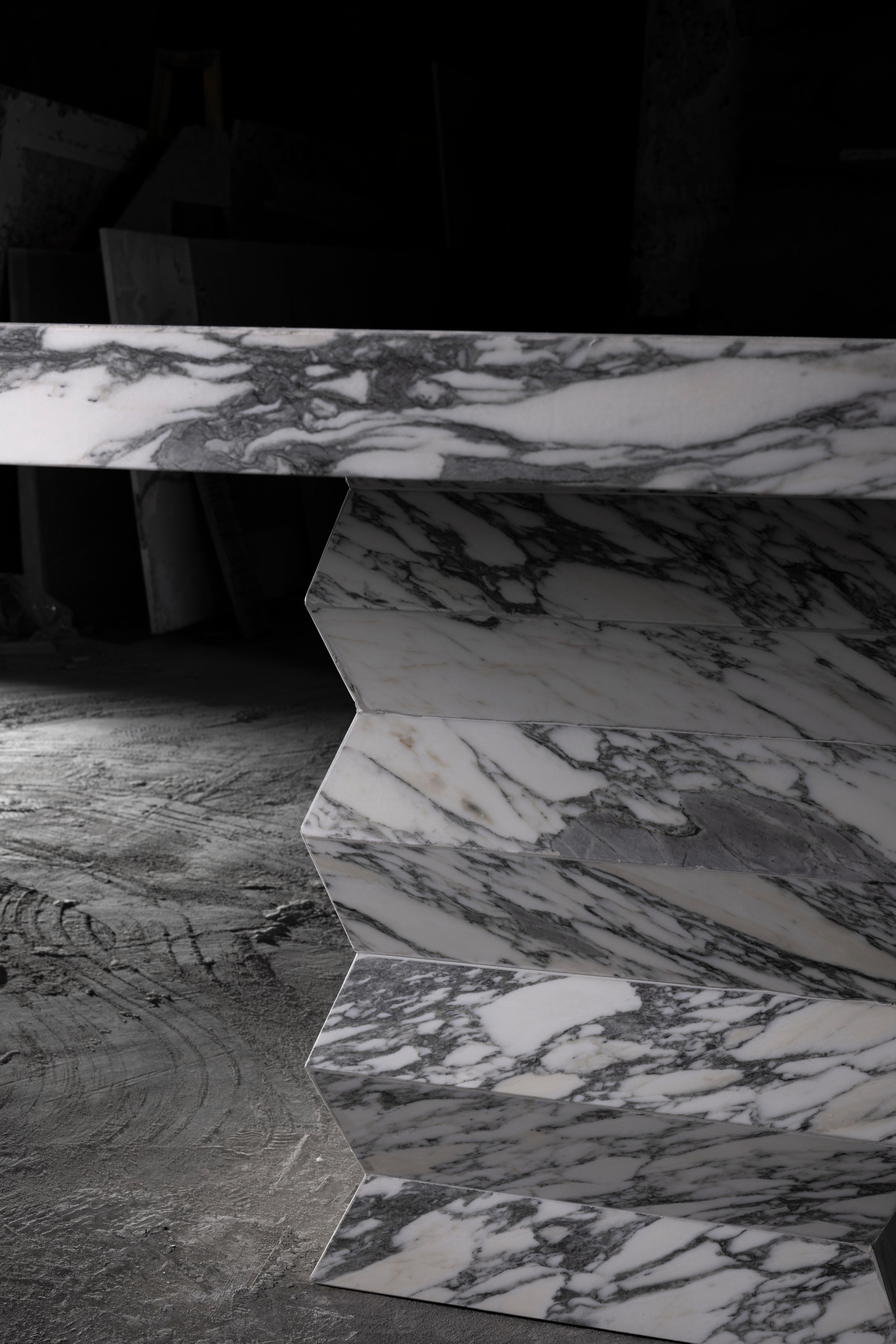 Zig Zag Rectangular Dining Table in Arabescato Marble by No Age Studio For Sale 1