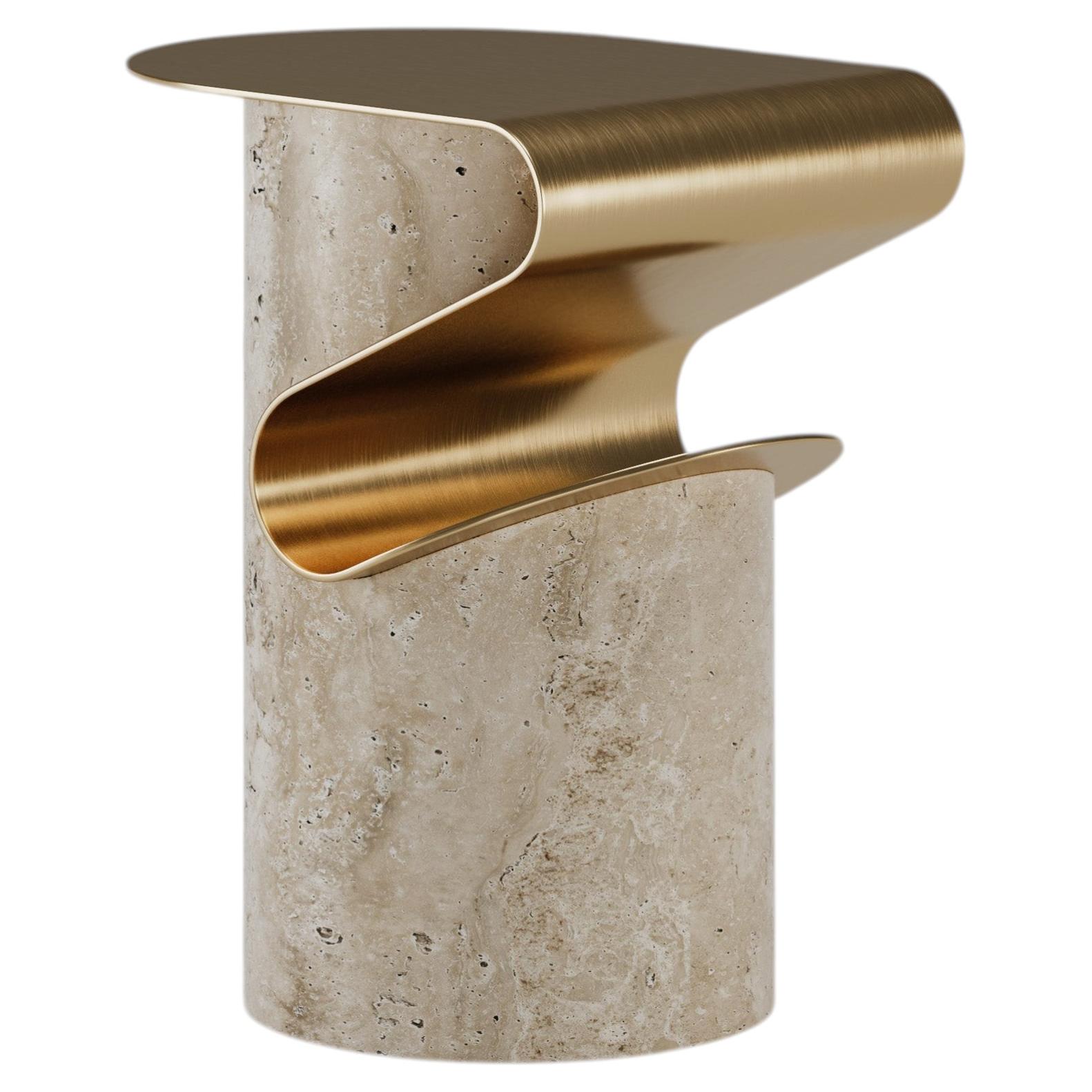 Zigara Side Table With Integrated Bookshelf In Travertine Marble