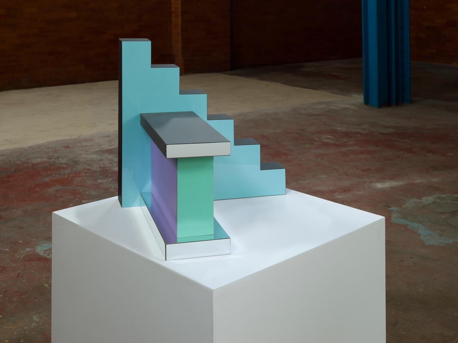The Ziggurat series (of four) are smaller scale investigations into color, planes and form. Each Ziggurat as a unique, one-off sculpture, completely handmade and finished by Russell Bamber. The chequerboard ziggurat side panel is inspired by marble