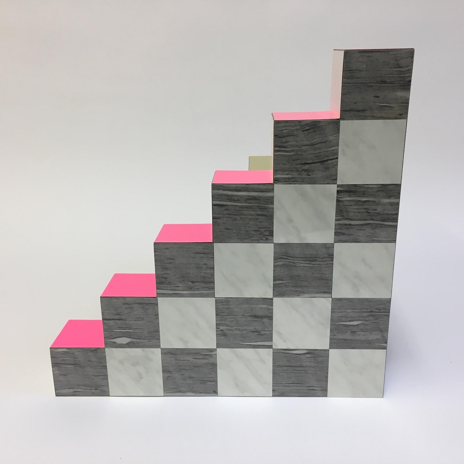 The Ziggurat series (of four) are smaller scale investigations into color, planes and form. Each Ziggurat as a unique, one-off sculpture, completely handmade and finished by Russell Bamber. The chequerboard ziggurat side panel is inspired by marble