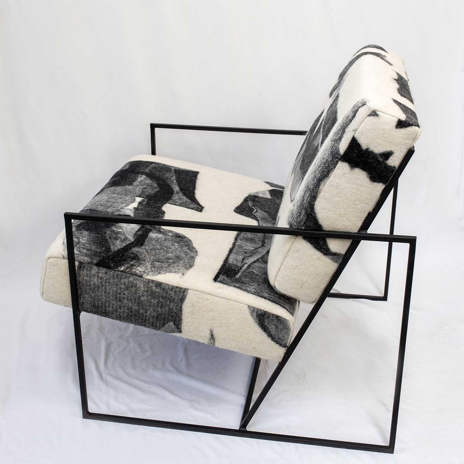The Ziggy chair is a solid metal steel frame offered in black matte or brass colors and is the perfect showcase for JG SWITZER's felted, wool fabric. Steel frame is powder coated. 

Fabric yardage is a one-of-a-kind, 