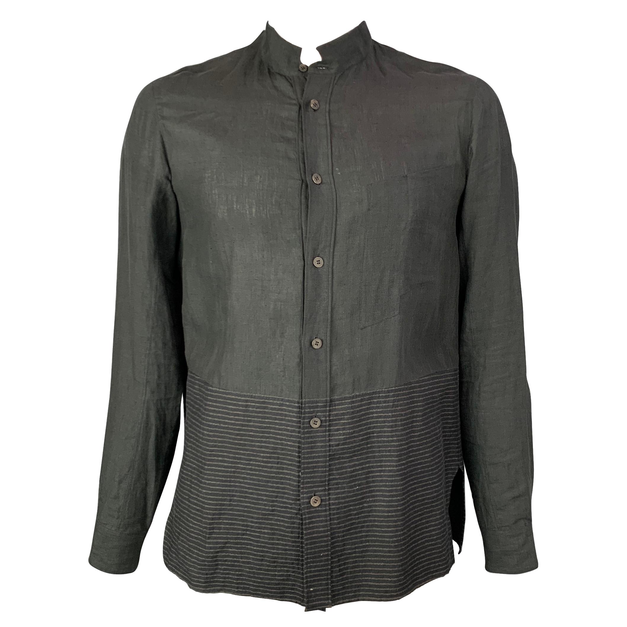 ZIGGY CHEN S/S 15 Size L Slate Mixed Fabrics Cotton / Linen Long Sleeve Shirt
