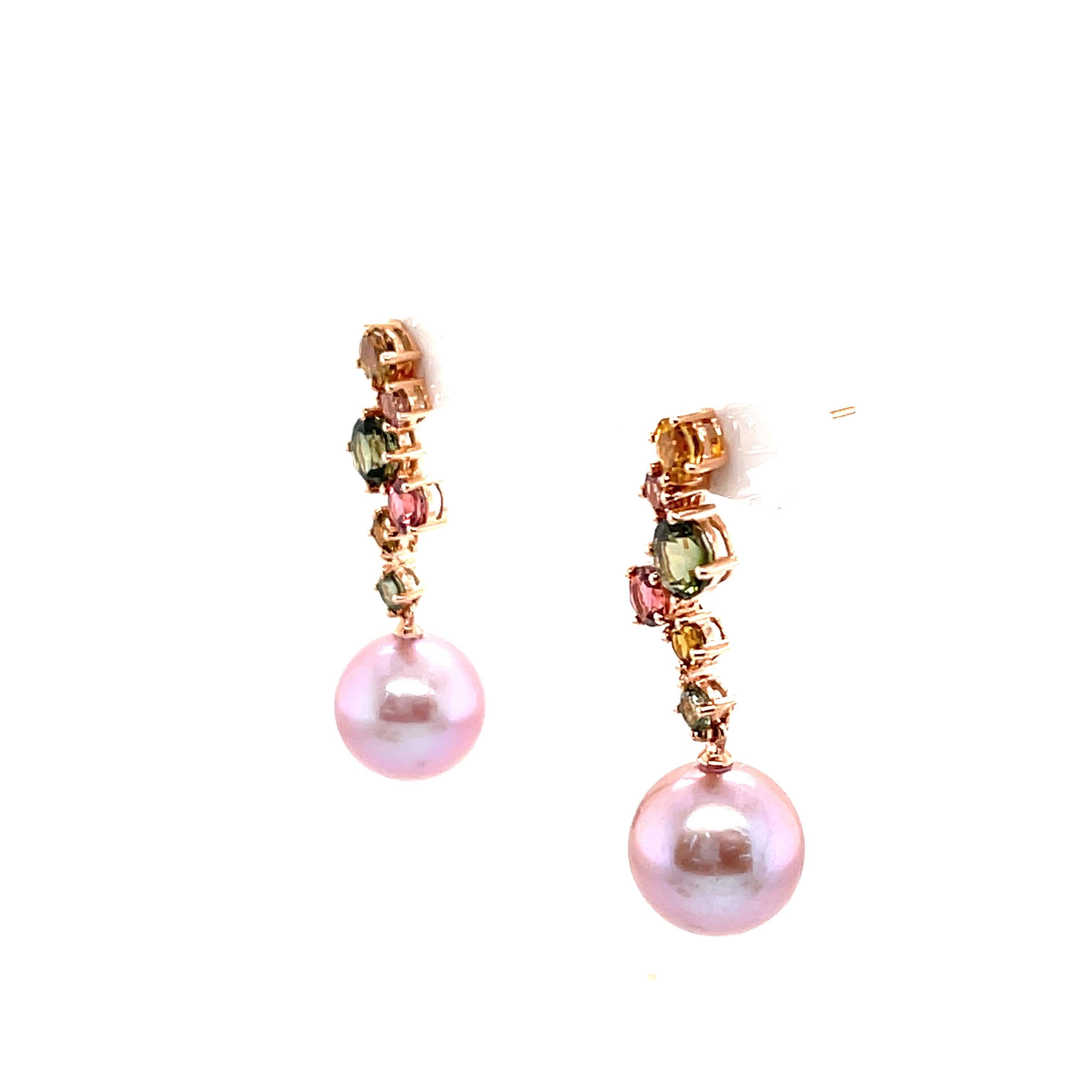 Round Cut Zigzag Multi Color Tourmaline and Pink Fresh Water Pearl Dangle For Sale