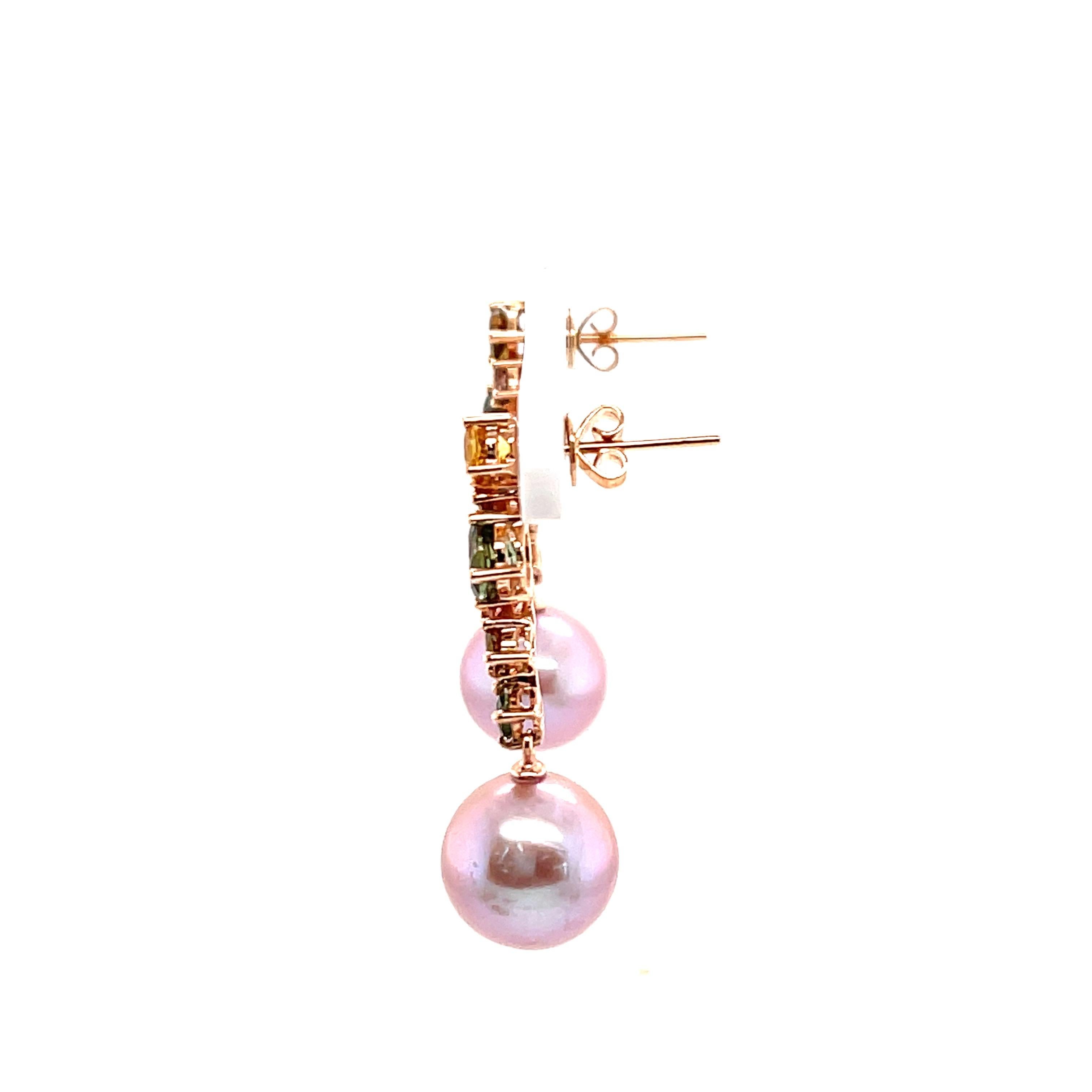 Zigzag Multi Color Tourmaline and Pink Fresh Water Pearl Dangle In New Condition For Sale In New York, NY