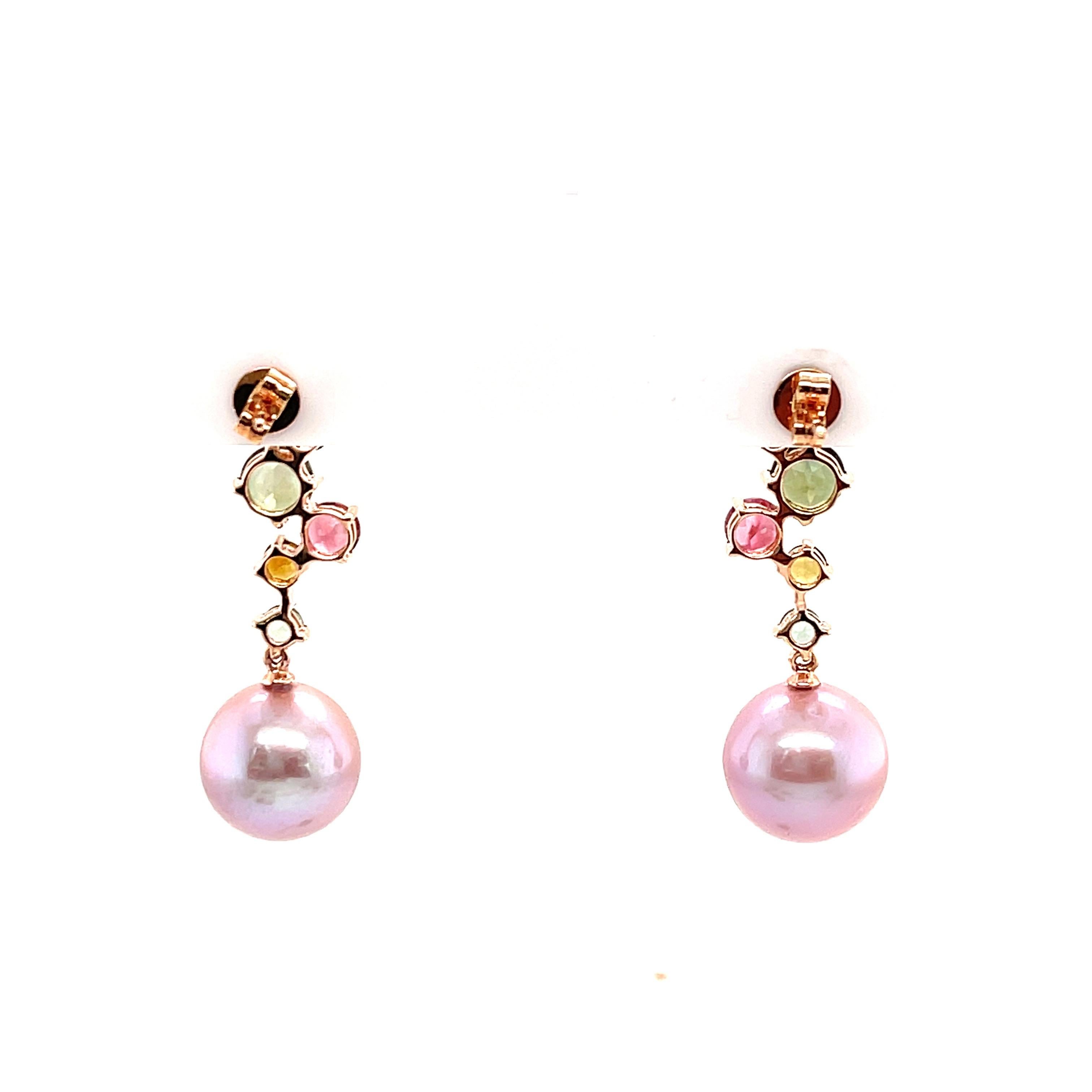 Zigzag pendant en tourmaline multicolore et perle d'eau douce rose Unisexe en vente