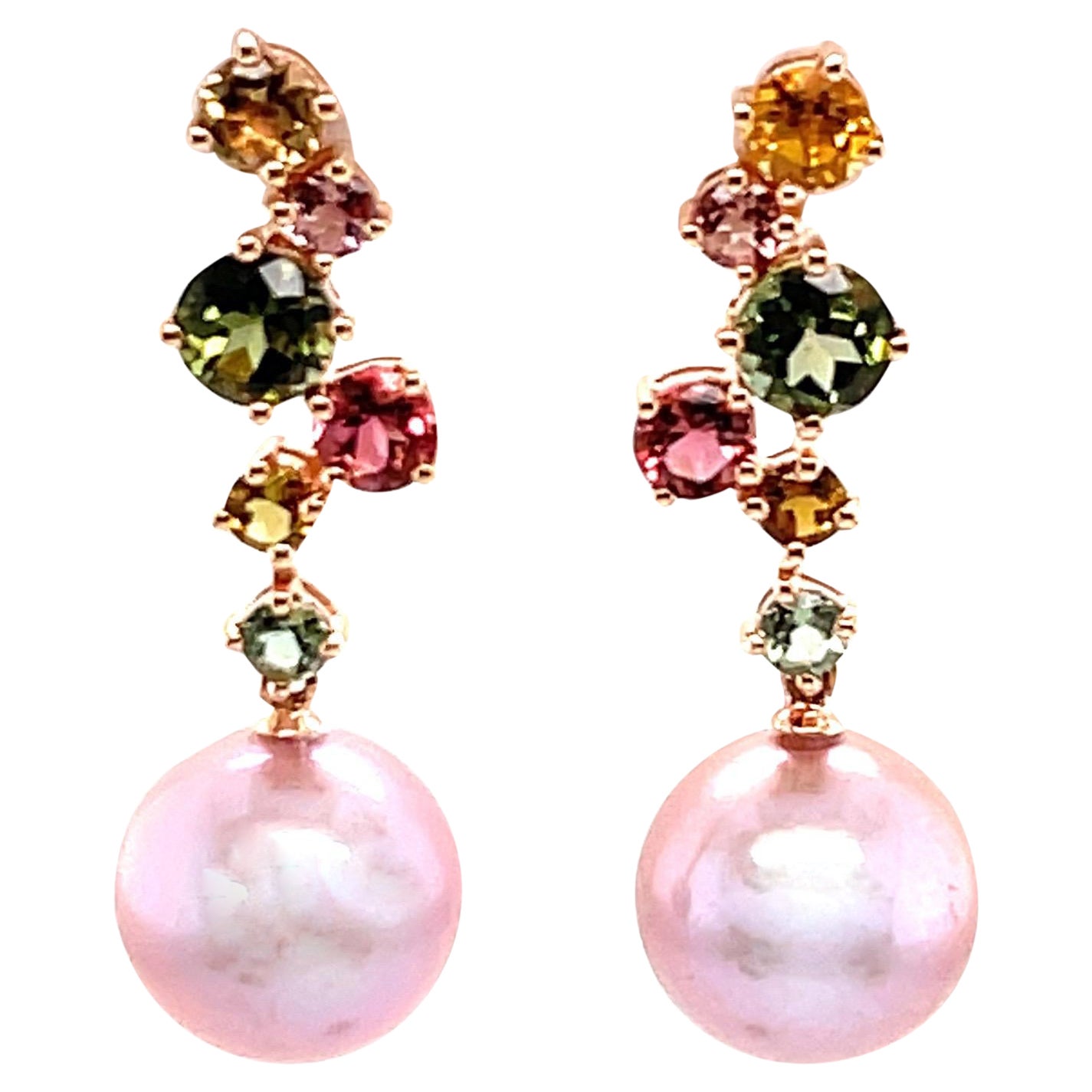 Zigzag Multi Color Tourmaline and Pink Fresh Water Pearl Dangle For Sale