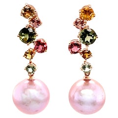 Zigzag Multi Color Tourmaline and Pink Fresh Water Pearl Dangle