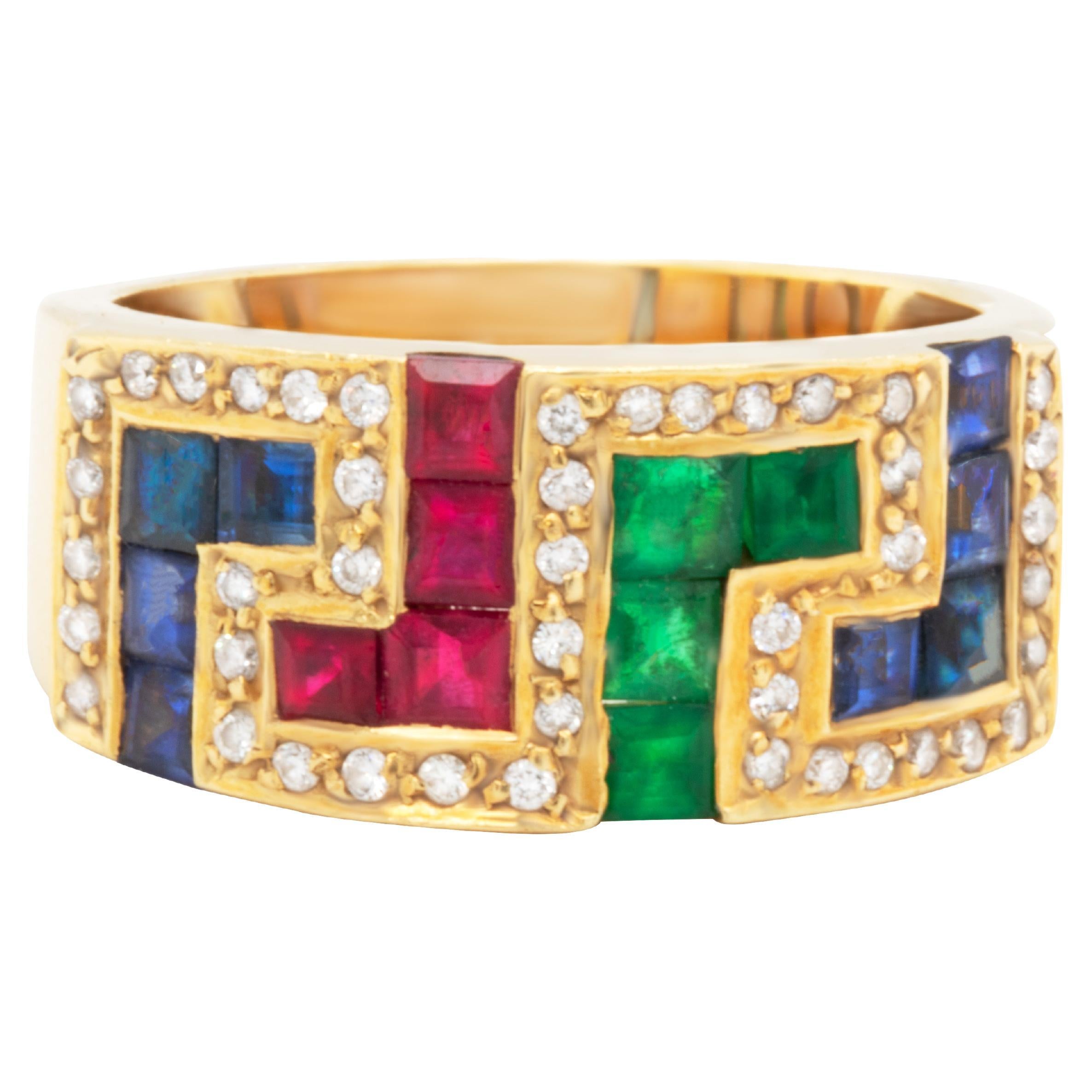 Zigzag Ring Ruby Emerald Sapphire Diamond 1.60 Carats 18K Yellow Gold For Sale