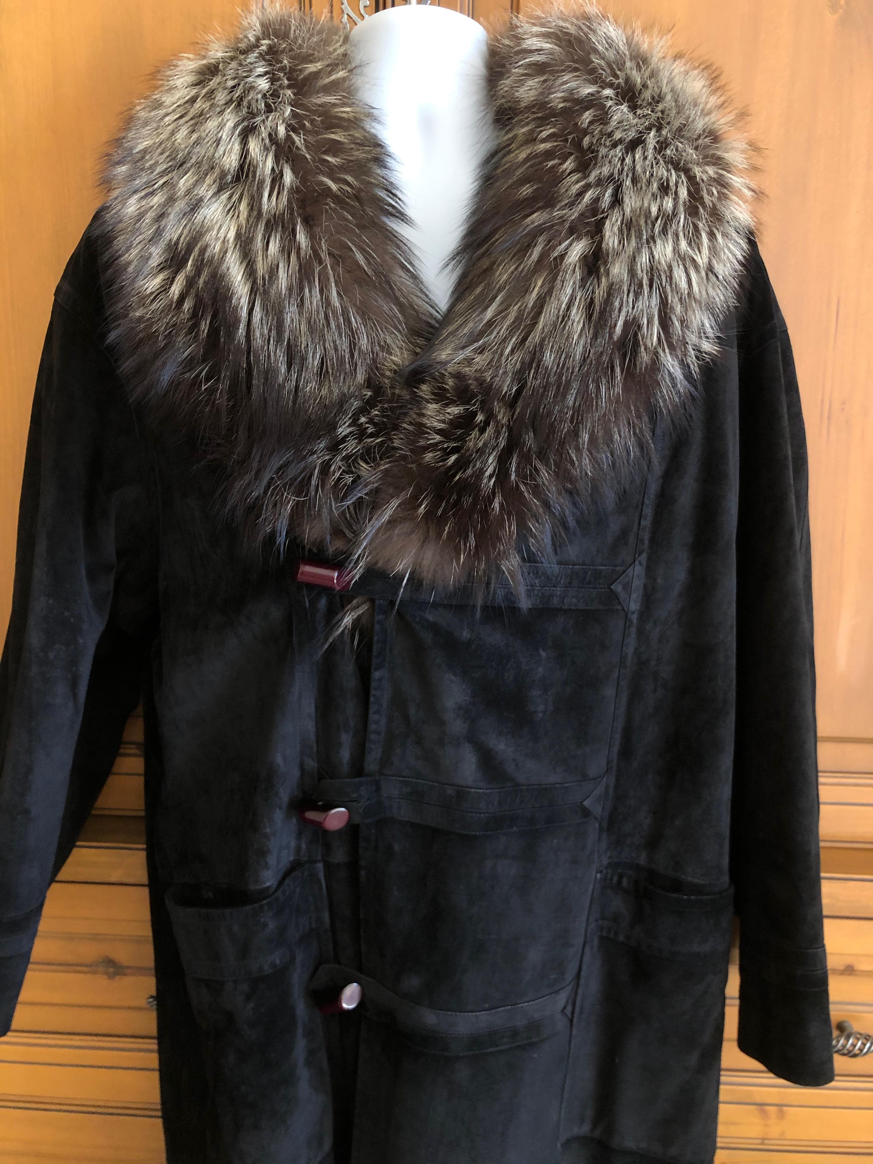 Zilli France Fur Lined Black Suede Toggle Coat with Wide Fox Collar In Good Condition For Sale In Cloverdale, CA