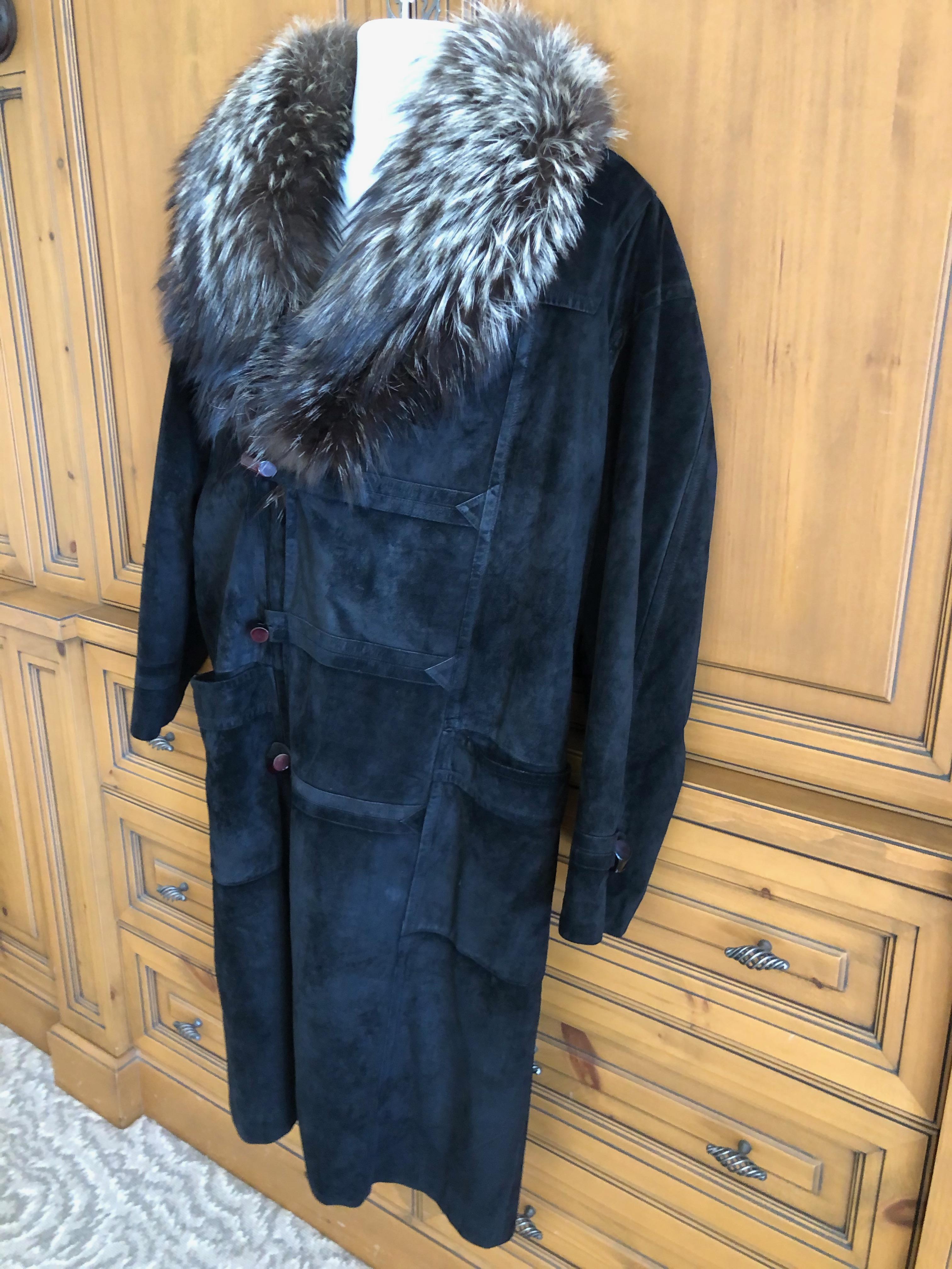 Women's or Men's Zilli France Fur Lined Black Suede Toggle Coat with Wide Fox Collar For Sale