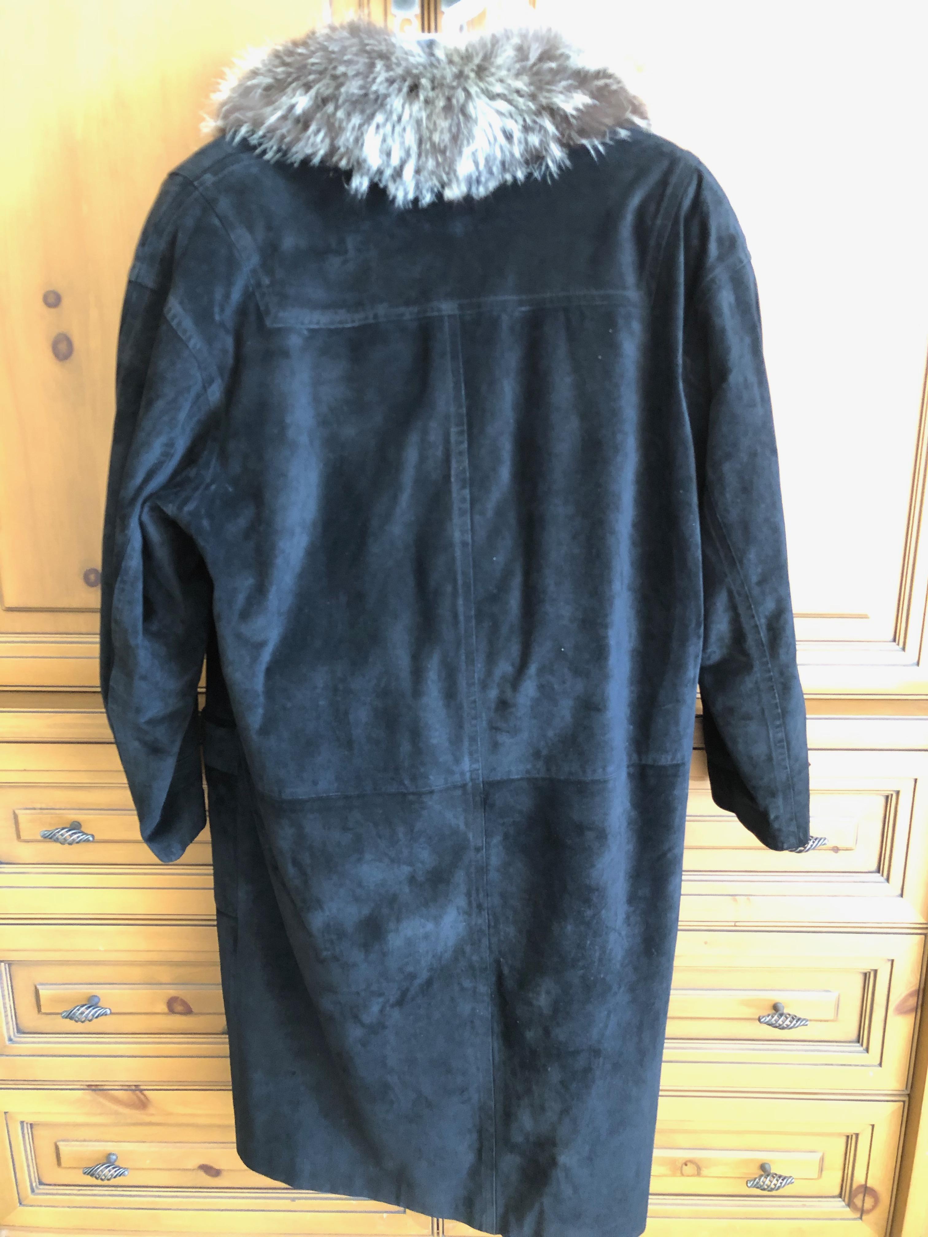 Zilli France Fur Lined Black Suede Toggle Coat with Wide Fox Collar For Sale 1