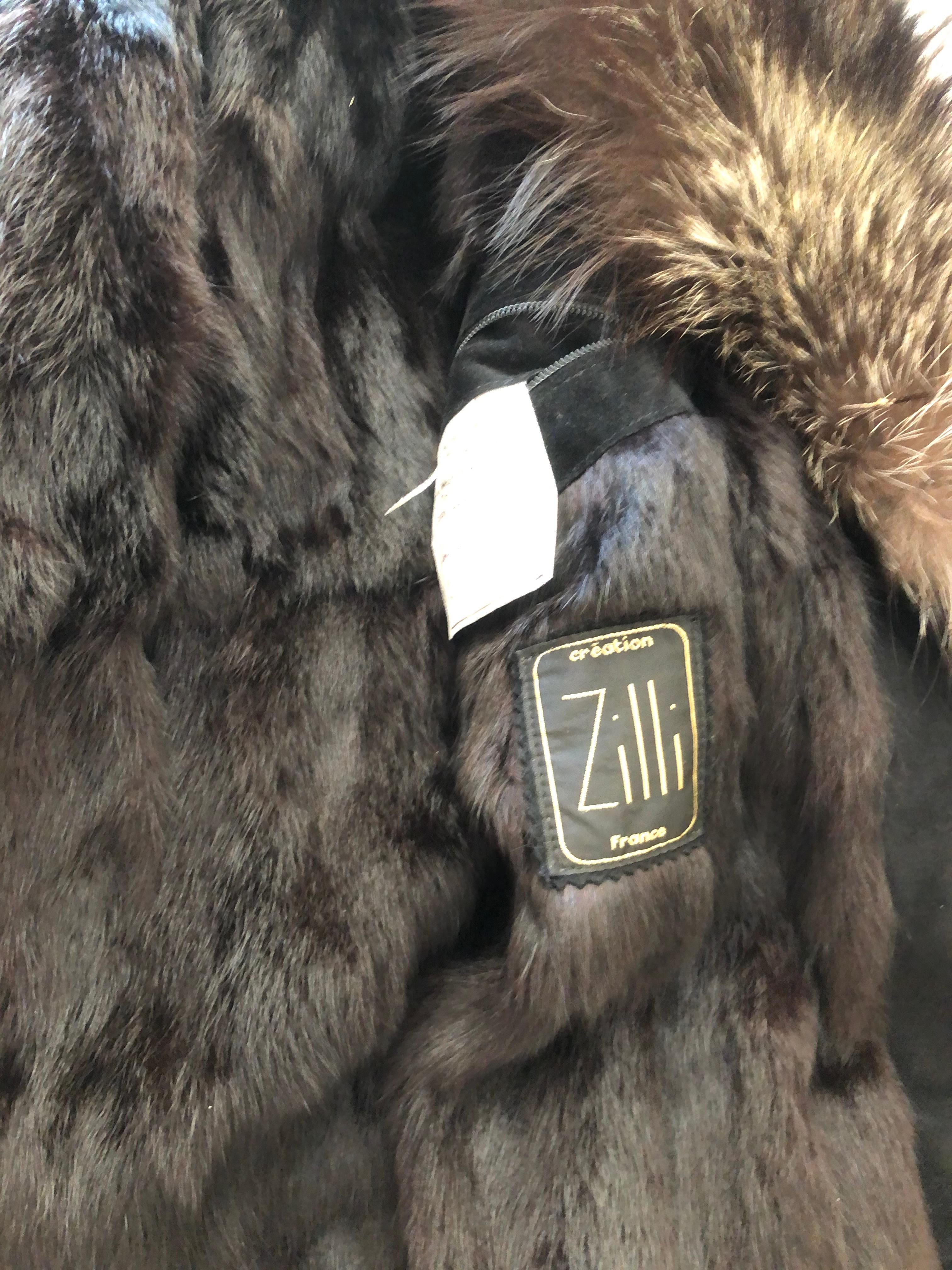 Zilli France Fur Lined Black Suede Toggle Coat with Wide Fox Collar For Sale 2
