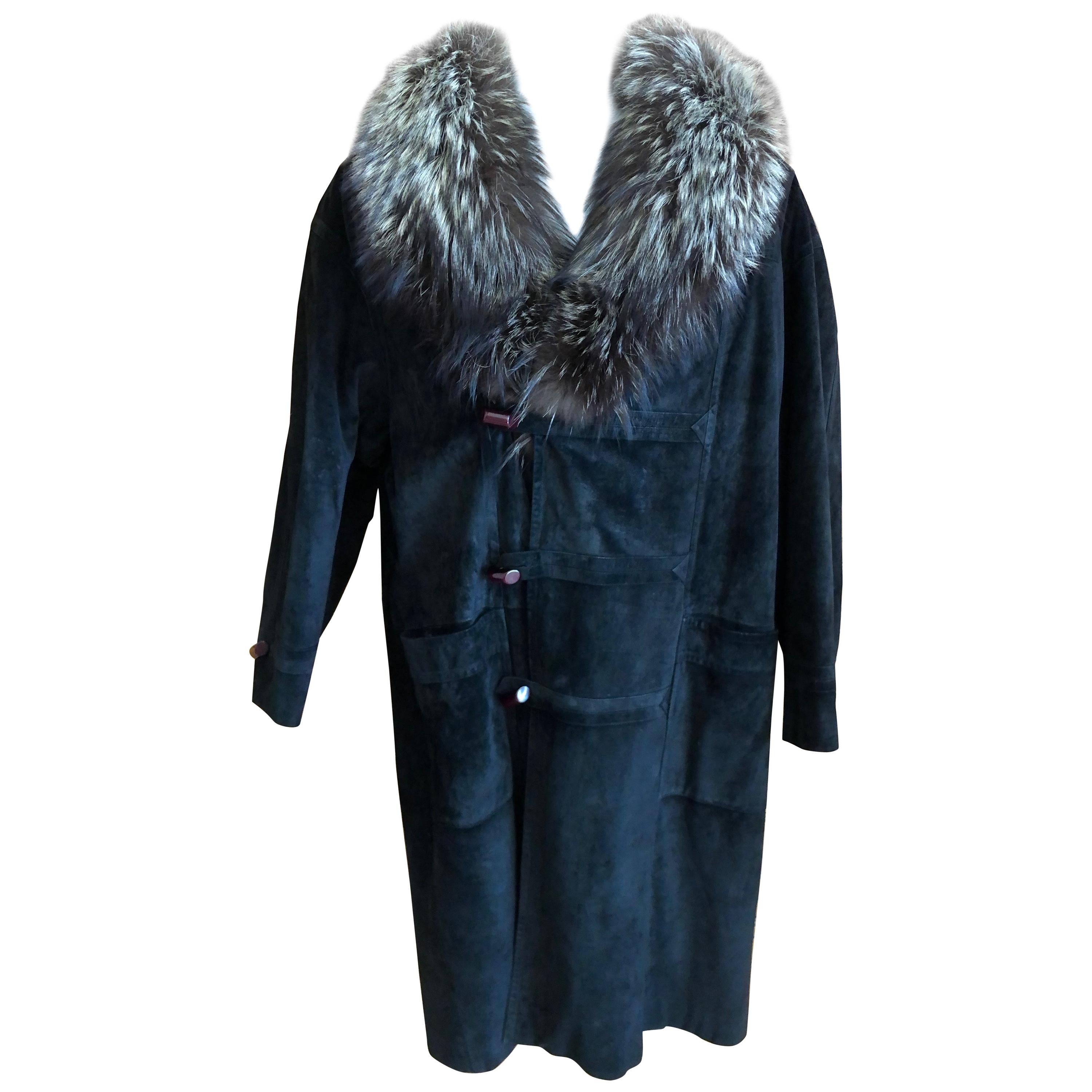 Zilli France Fur Lined Black Suede Toggle Coat with Wide Fox Collar For Sale