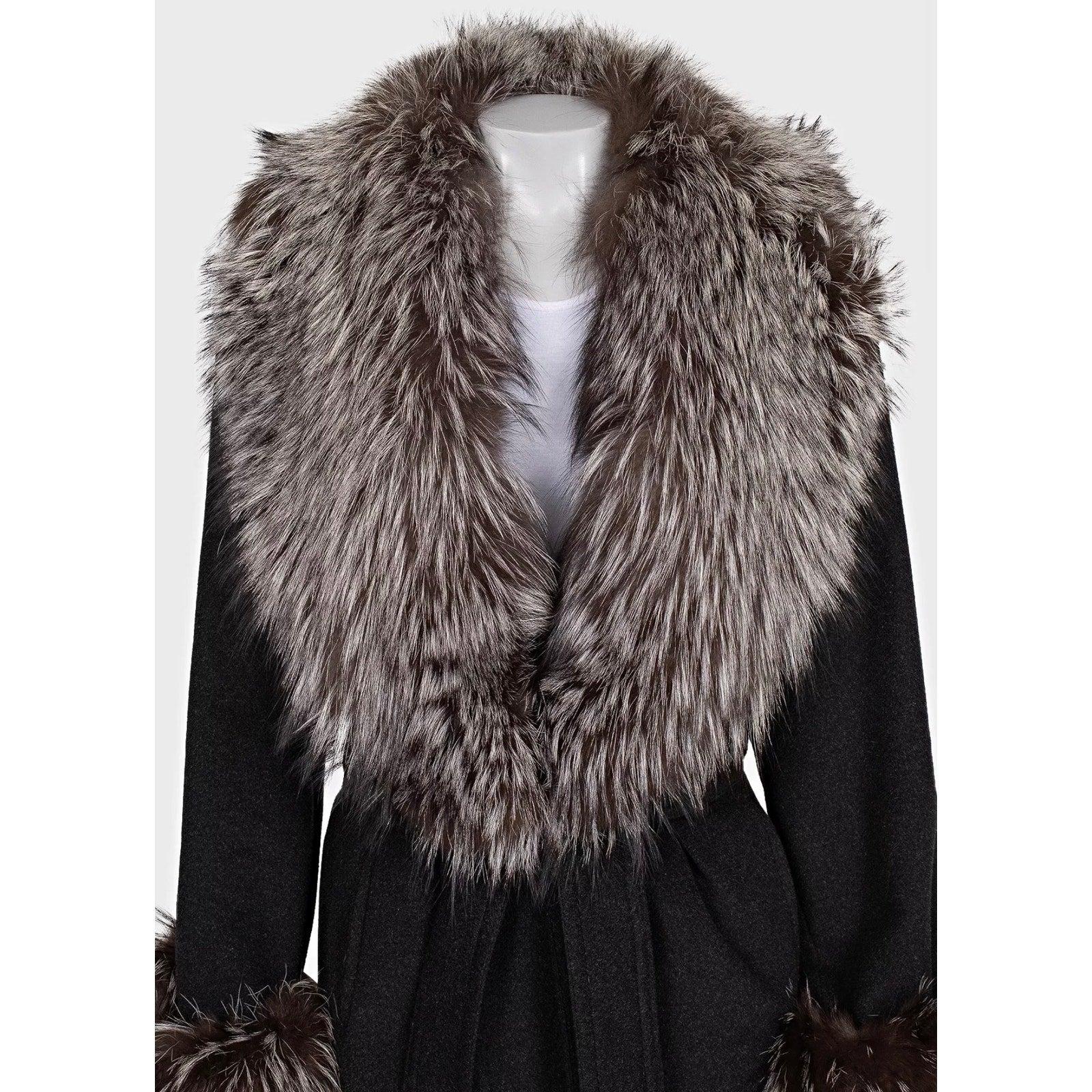 Zilli Grey Coat with Detachable Fur Trim - Size L Excellent état - En vente à Krakow, PL