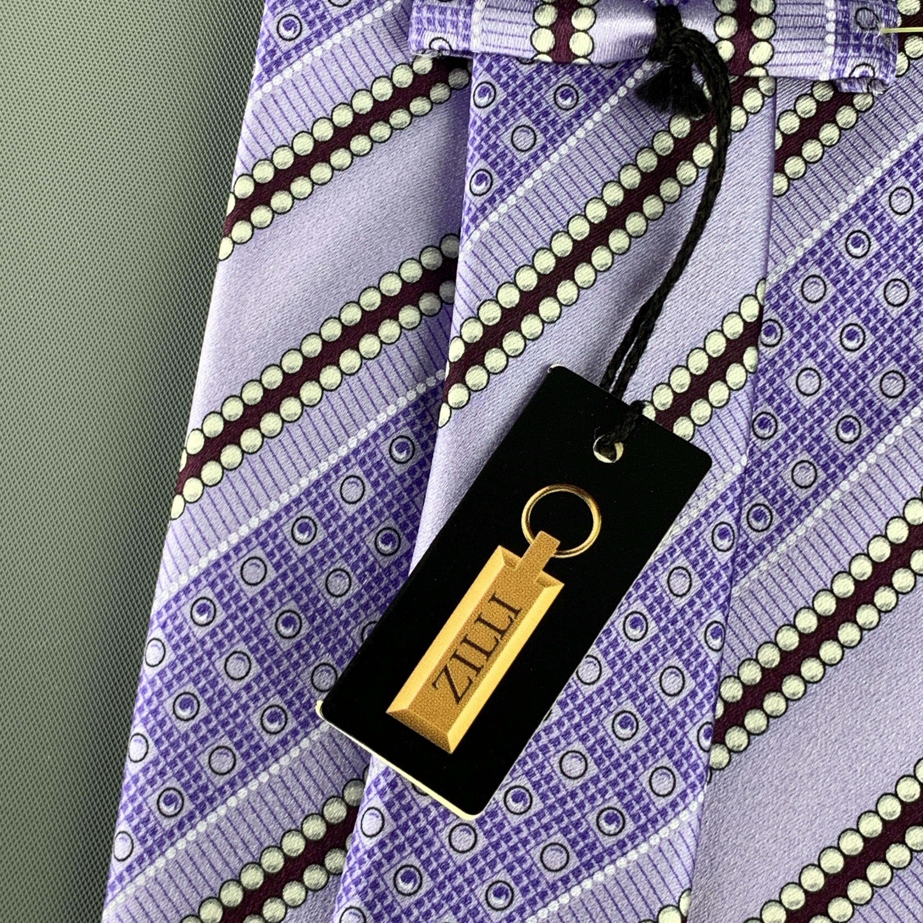 ZILLI Lavender Diagonal Stripe Print Silk Tie Pocket Square Set in Box 2