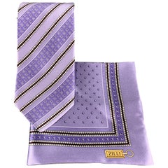 Vintage ZILLI Lavender Diagonal Stripe Print Silk Tie Pocket Square Set in Box