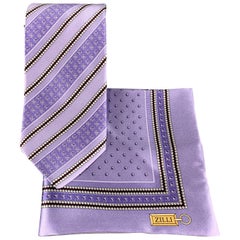 ZILLI Lavender Diagonal Stripe Print Silk Tie Pocket Square Set in Box