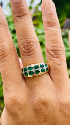 Zimbabwe Emerald Diamond Wedding Unisex Band Ring in 14k Solid Yellow Gold