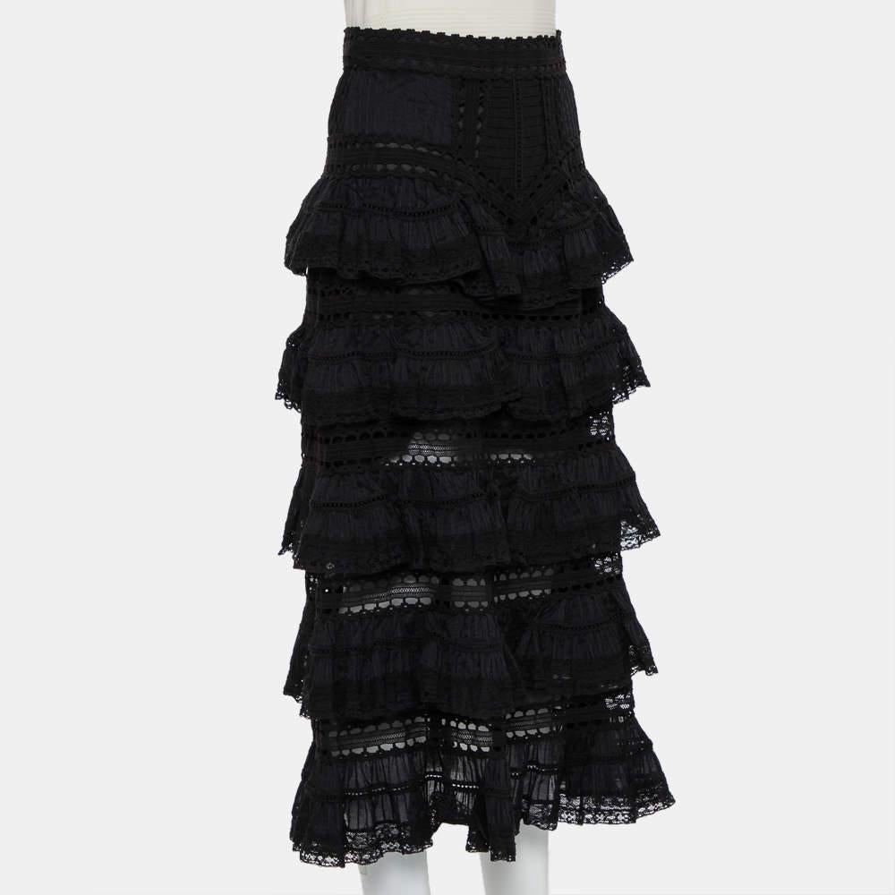 Noir Zimmerman Black Paneled Cotton Lace Trim Ruffled Tiered Midi Skirt S en vente