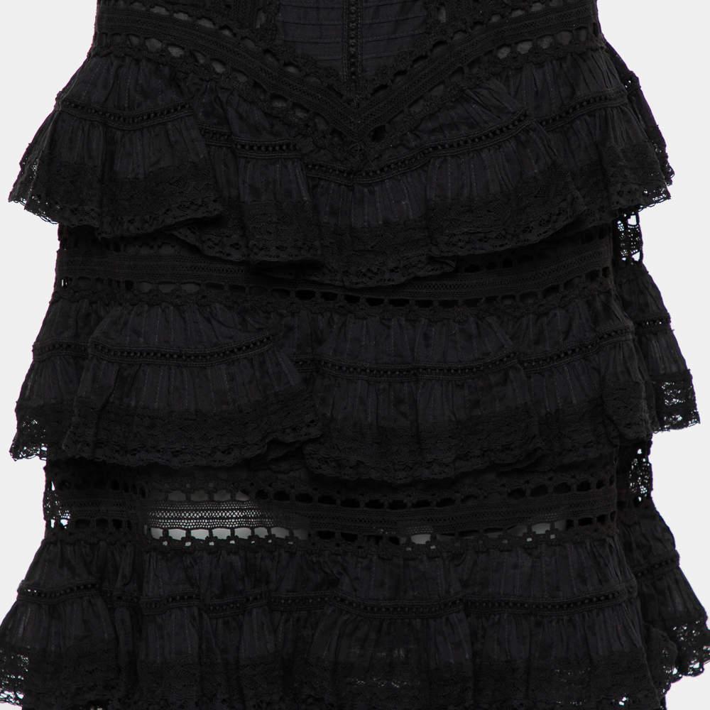 Women's Zimmerman Black Paneled Cotton Lace Trim Ruffled Tiered Midi Skirt S For Sale