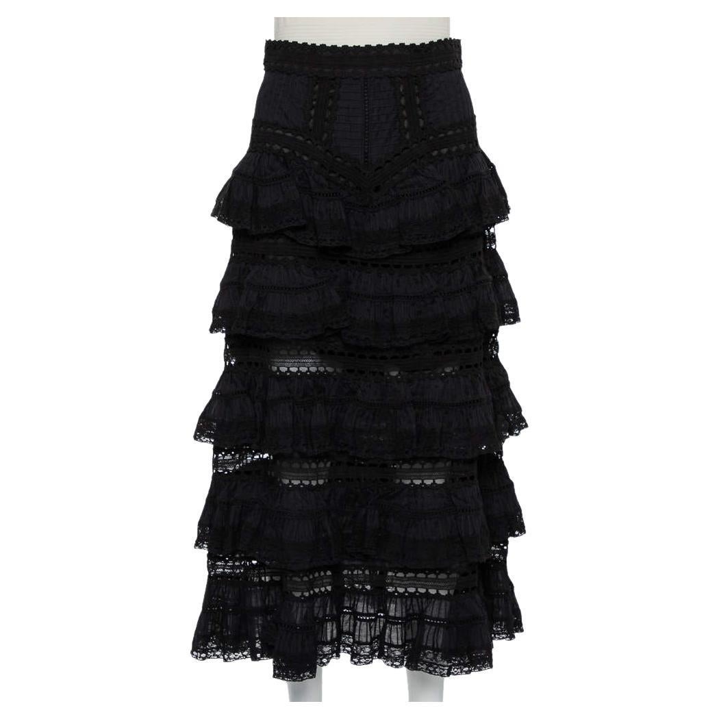 Zimmerman Black Paneled Cotton Lace Trim Ruffled Tiered Midi Skirt S en vente