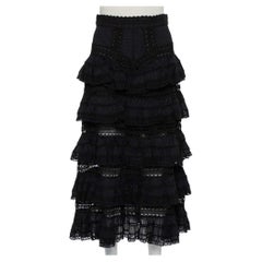 Used Zimmerman Black Paneled Cotton Lace Trim Ruffled Tiered Midi Skirt S
