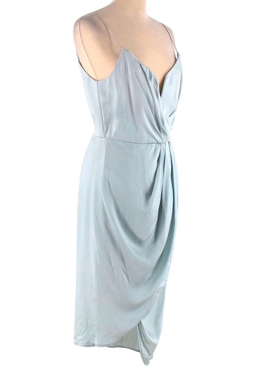 Zimmerman Blue Washed Silk Satin Cocktail Dress
 

 - Light ice blue silk satin with a brushed effecr
 - Deep plunge front with boned bodice, and cinched waistline
 - Faux-wrap front tulip shaped skirt wih soft gathers and split back
 - Rouleaux