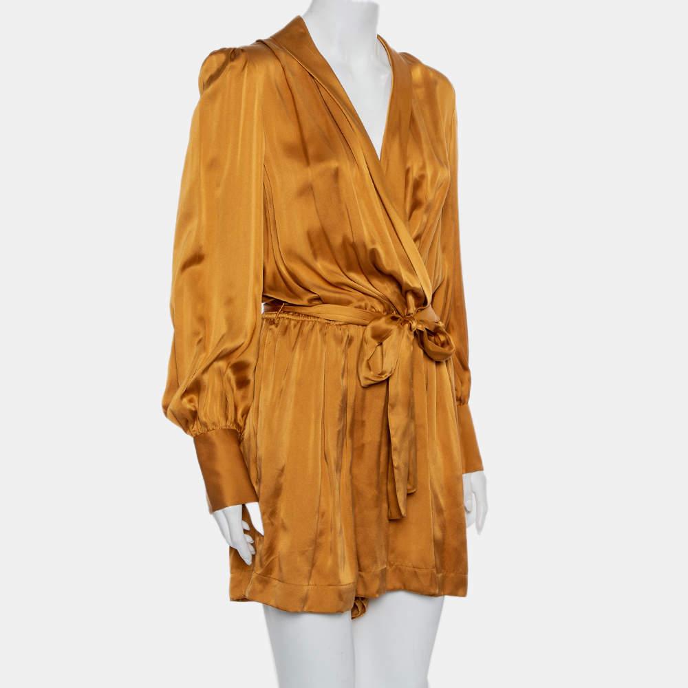 Brown Zimmerman Gold Satin Faux Wrap Belted Playsuit L For Sale