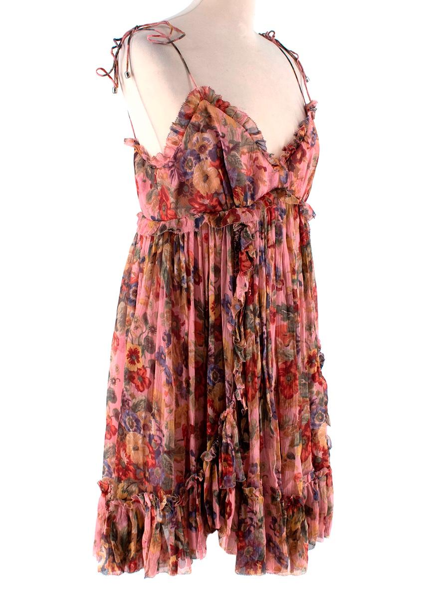 Zimmerman Lovelorn Floral-Print Sleeveless Babydoll Mini Dress
 

 - Lovelorn floral print rednered in dusty rose tones
 - Shoestring straps, deep ruffle trimmed v-neck
 - Ruffled empire waist, and babydoll silhouettre
 - Concealed back zip
 -