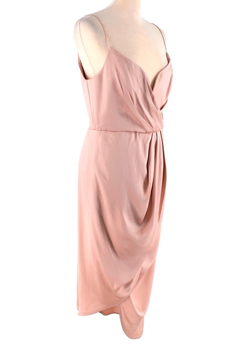 Zimmerman Musk Pink Washed Satin Cocktail Dress
 

 - Musk pink washed satin dress, made from a fine wool, handling like silk
 - Deep plunge front with boned bodice, and cinched waistline
 - Faux-wrap front tulip shaped skirt wih soft gathers and