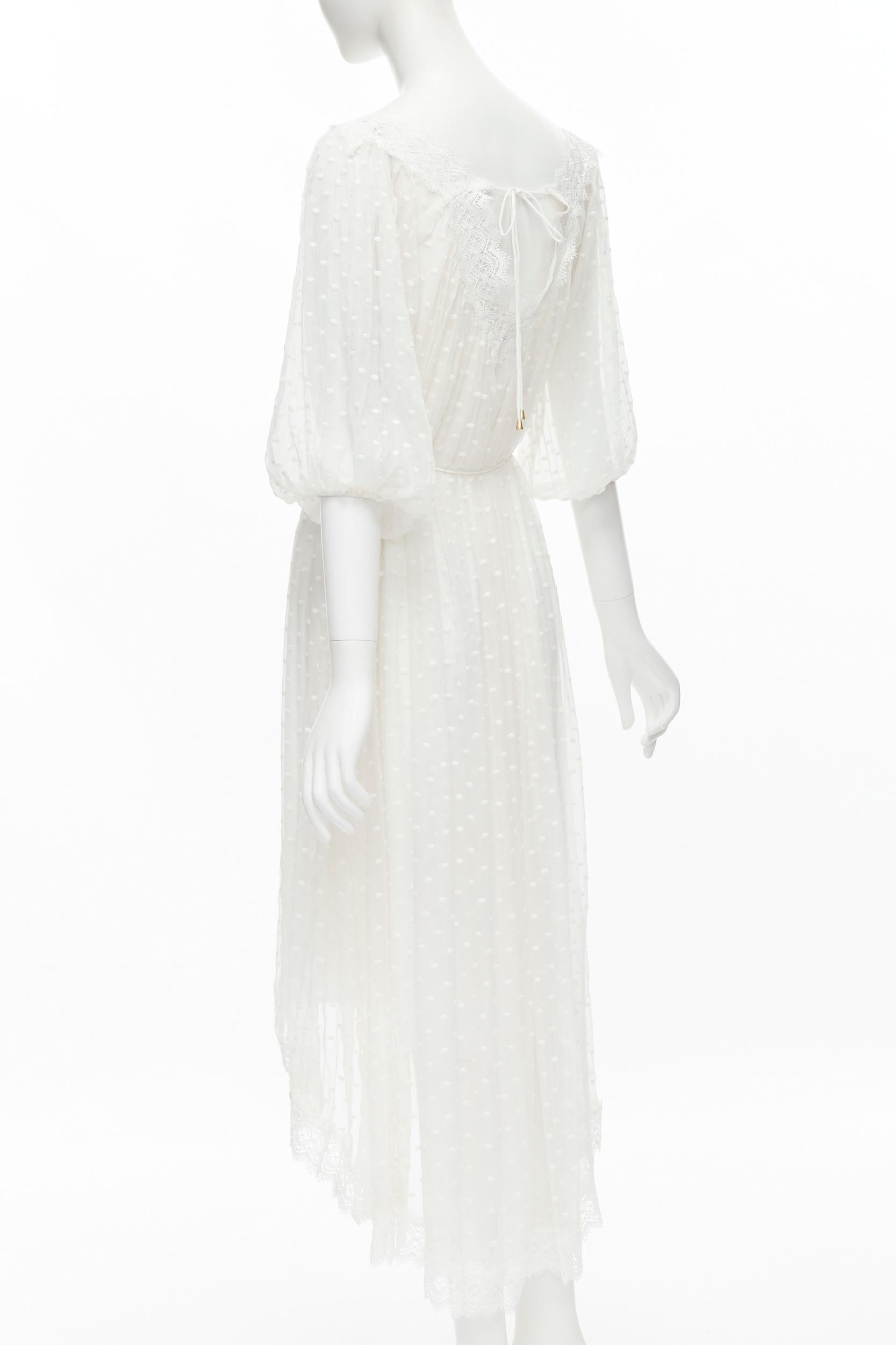 Women's ZIMMERMAN white lace trim polka dot embroidery semi sheer boho dress US0 XS