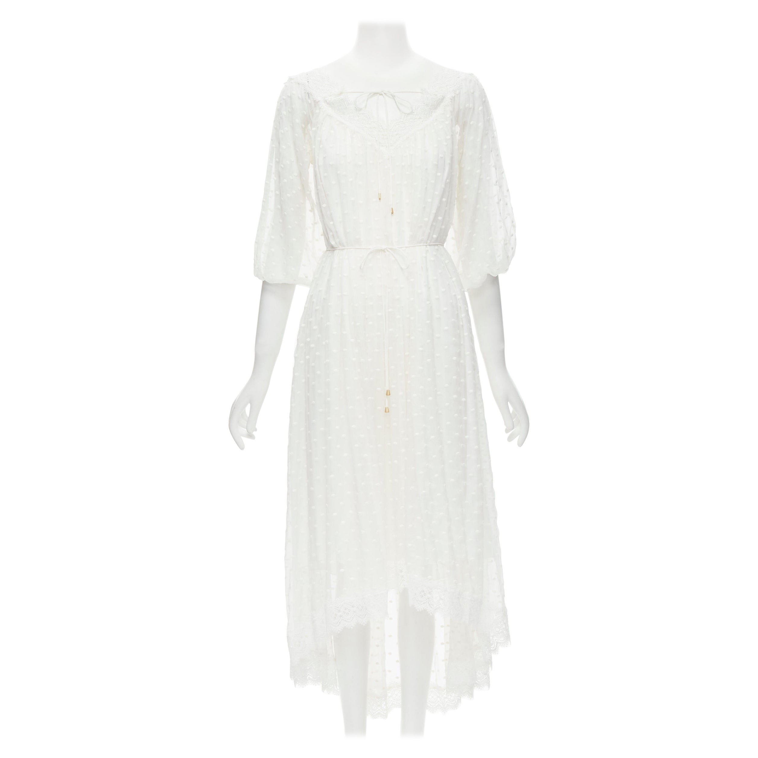 ZIMMERMAN white lace trim polka dot embroidery semi sheer boho dress US0 XS