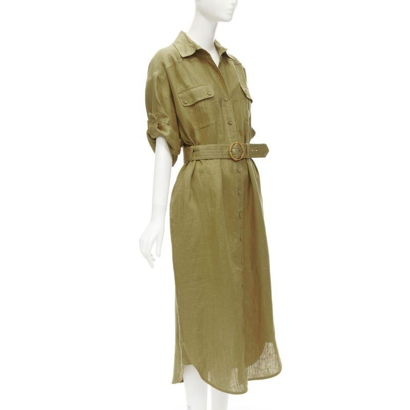 Brown ZIMMERMANN 100% linen bamboo buckle belted cuffed sleeve shirt dress Sz.2 M