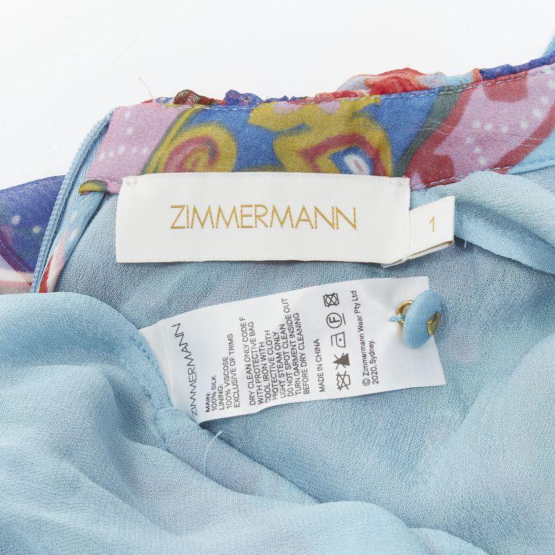 ZIMMERMANN 100% silk blue red floral print ruffle trim short dress Sz 1 S For Sale 7