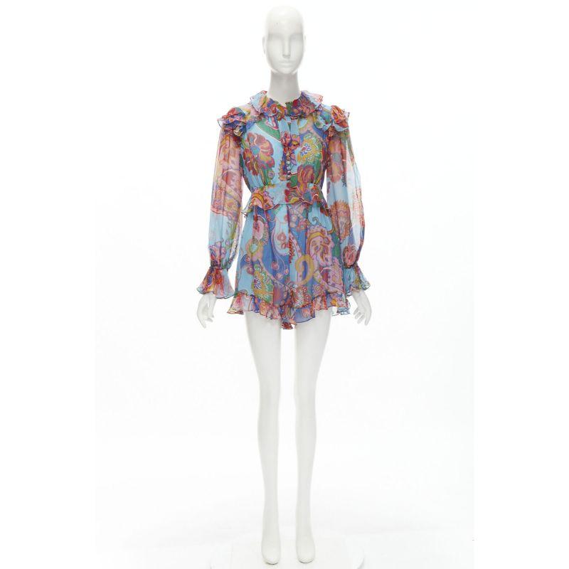 ZIMMERMANN 100% silk blue red floral print ruffle trim short dress Sz 1 S For Sale 8