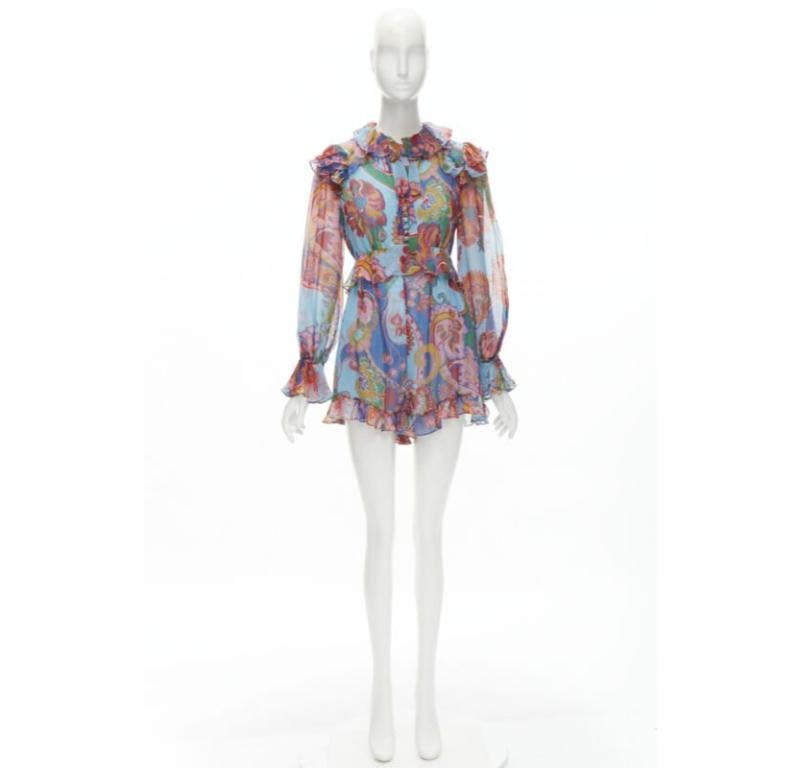 ZIMMERMANN 100% seda azul rojo estampado floral ribeteado vestido corto Sz 1 S 7