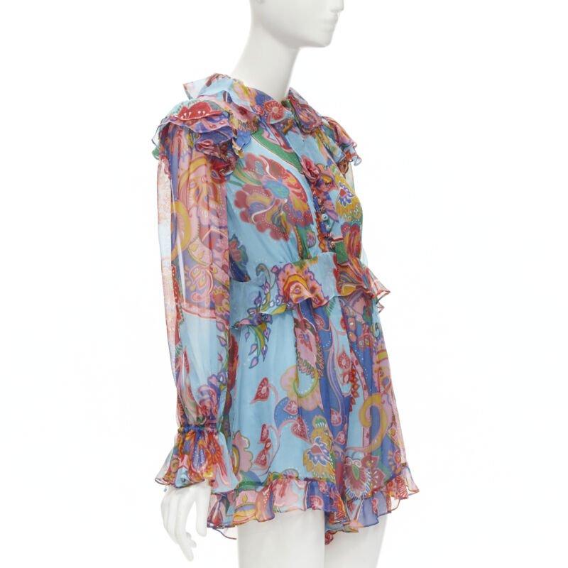 ZIMMERMANN 100% seda azul rojo estampado floral ribeteado vestido corto Sz 1 S Gris