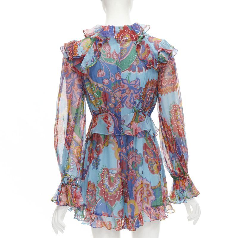ZIMMERMANN 100% silk blue red floral print ruffle trim short dress Sz 1 S For Sale 1