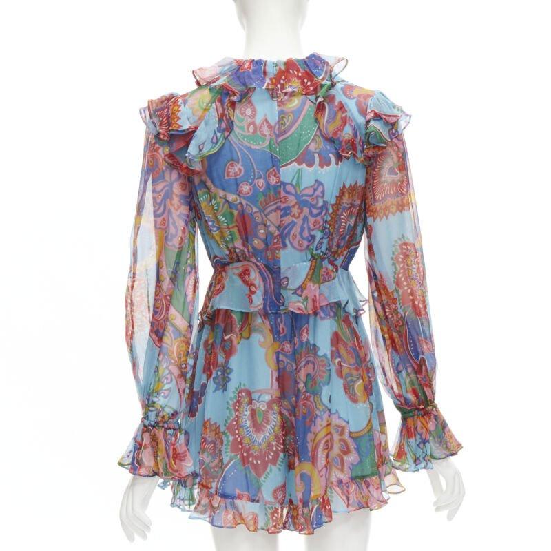 De las mujeres ZIMMERMANN 100% seda azul rojo estampado floral ribeteado vestido corto Sz 1 S