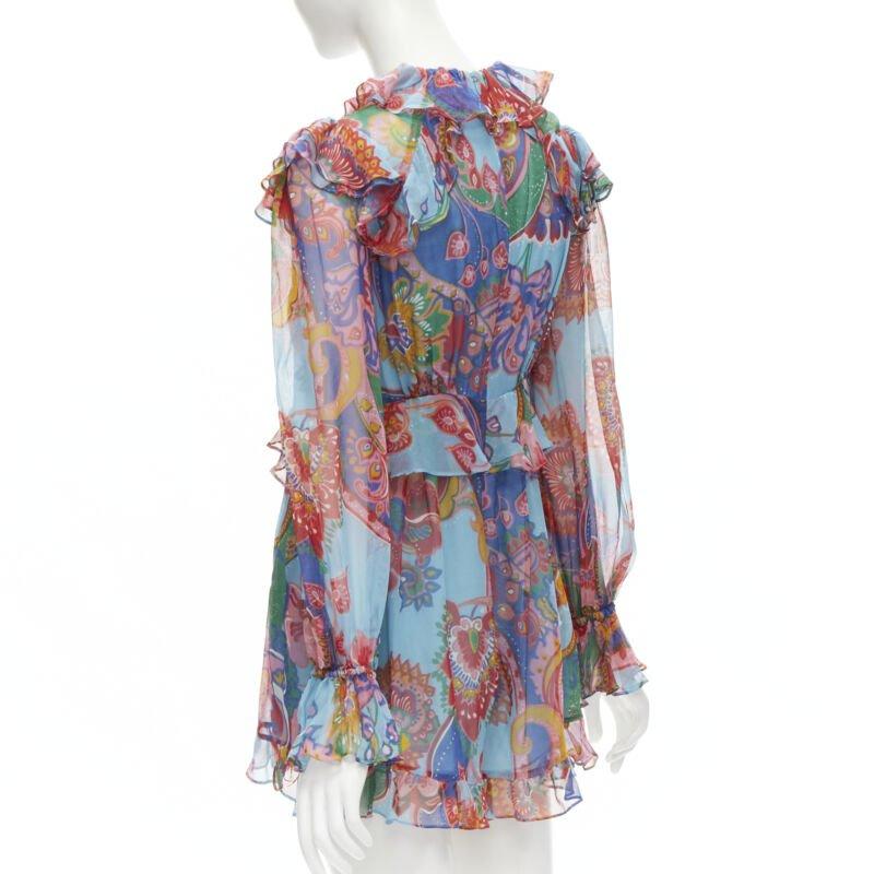 ZIMMERMANN 100% seda azul rojo estampado floral ribeteado vestido corto Sz 1 S 1