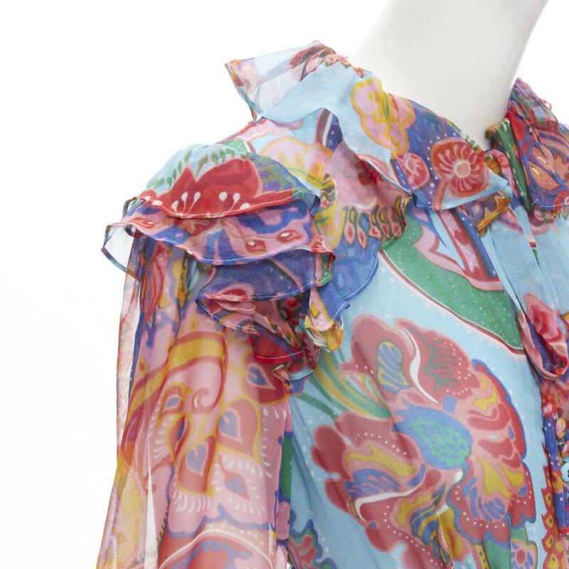 ZIMMERMANN 100% seda azul rojo estampado floral ribeteado vestido corto Sz 1 S 2